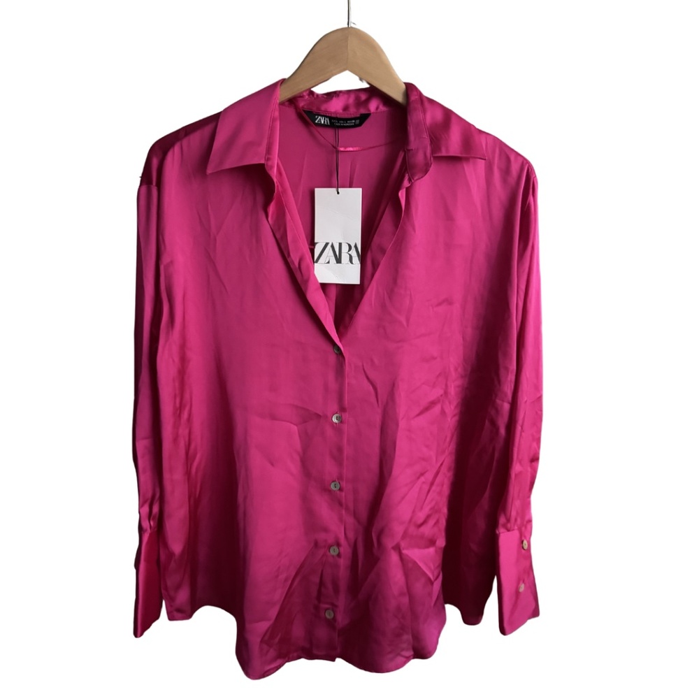 Zara Fuchsia Satin Button-Up Blouse NWT | Size Large
